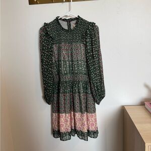 Anthropologie Green and Pink Floral Long Sleeve Dress XS